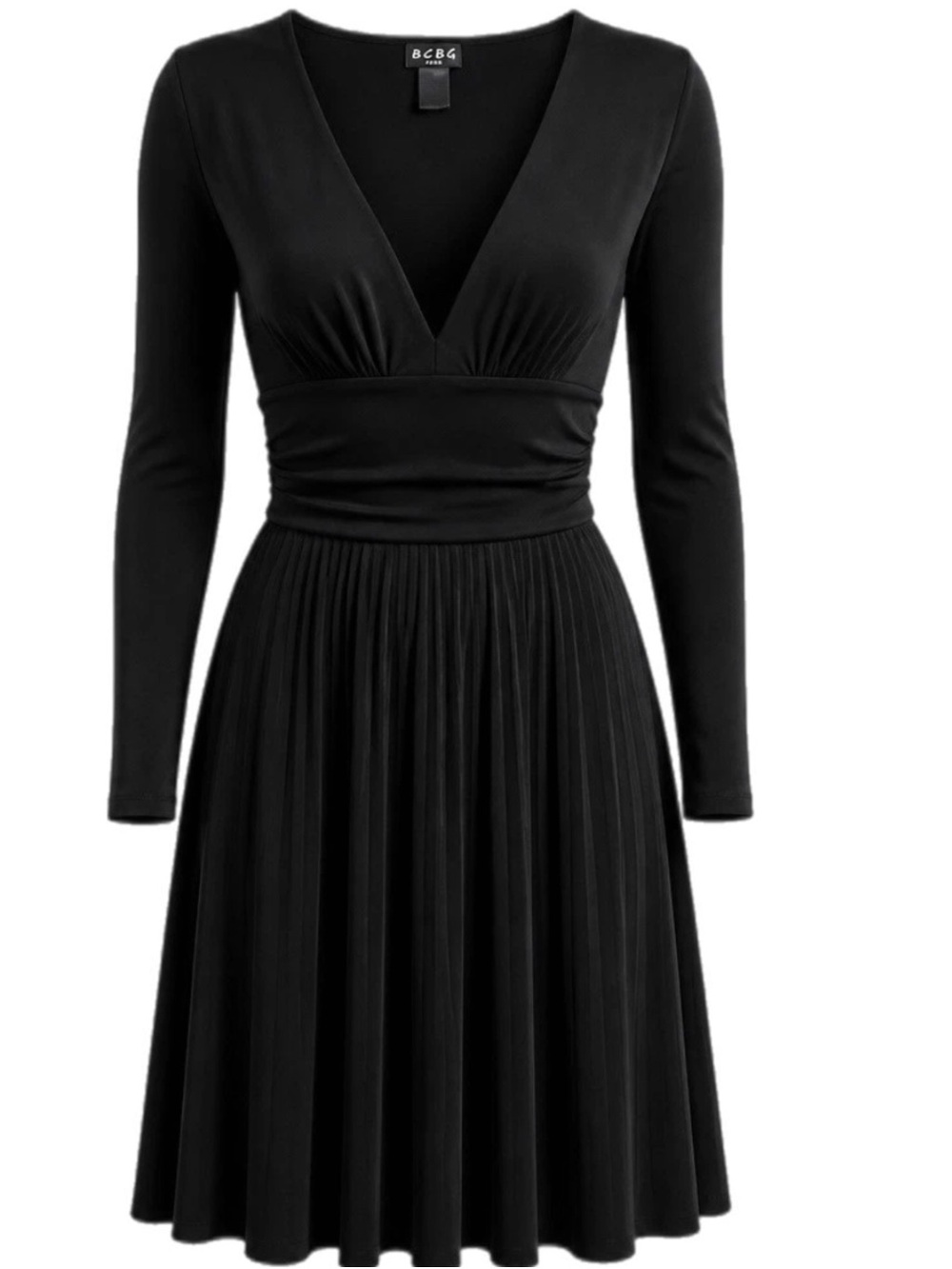 BCBG Black Long-Sleeve V-Neck Pleated Skater Dress